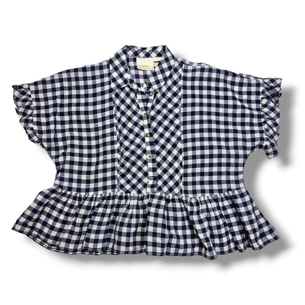 Maeve Anthropology Blue Plaid Cropped Oversized Ruffle Blouse Women's Size XXS